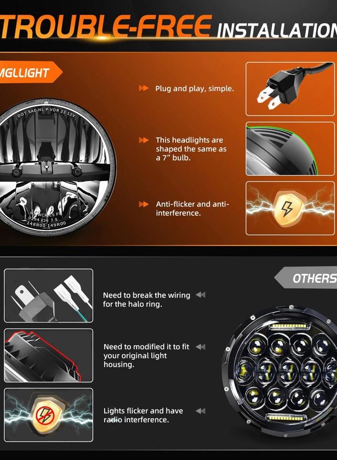 MGLLIGHT DOT Approved 7 round led headlights Hi/Low Sealed Heam Compatible with Wrangler TJ JK Do-dge F-ord Che-vy, H6024 6016 6015 6014 Replacement (2PCS) - Image 3