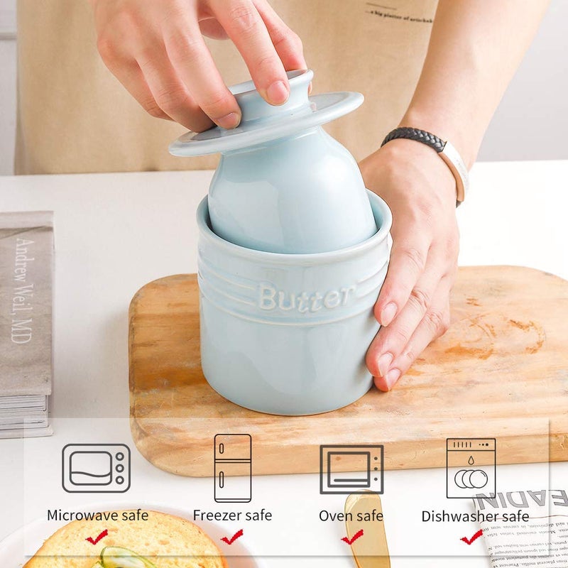 KOOV Porcelain Butter Crock, French Butter Dish, Ceramic Butter Keeper for Counter, Big Capacity, Elegant Blue Collection (Sky) - Image 5