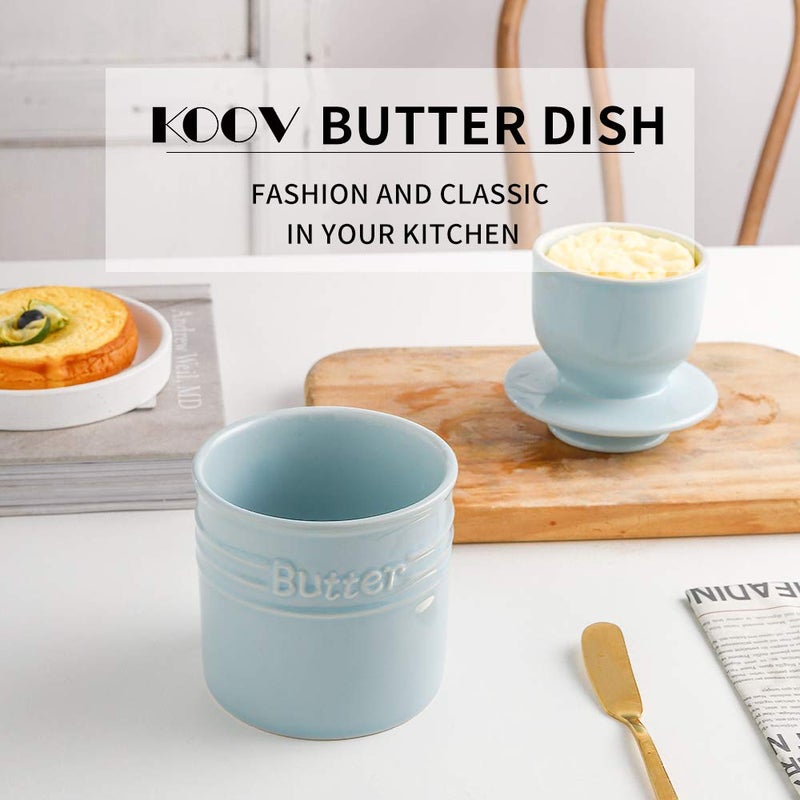 KOOV Porcelain Butter Crock, French Butter Dish, Ceramic Butter Keeper for Counter, Big Capacity, Elegant Blue Collection (Sky) - Image 2