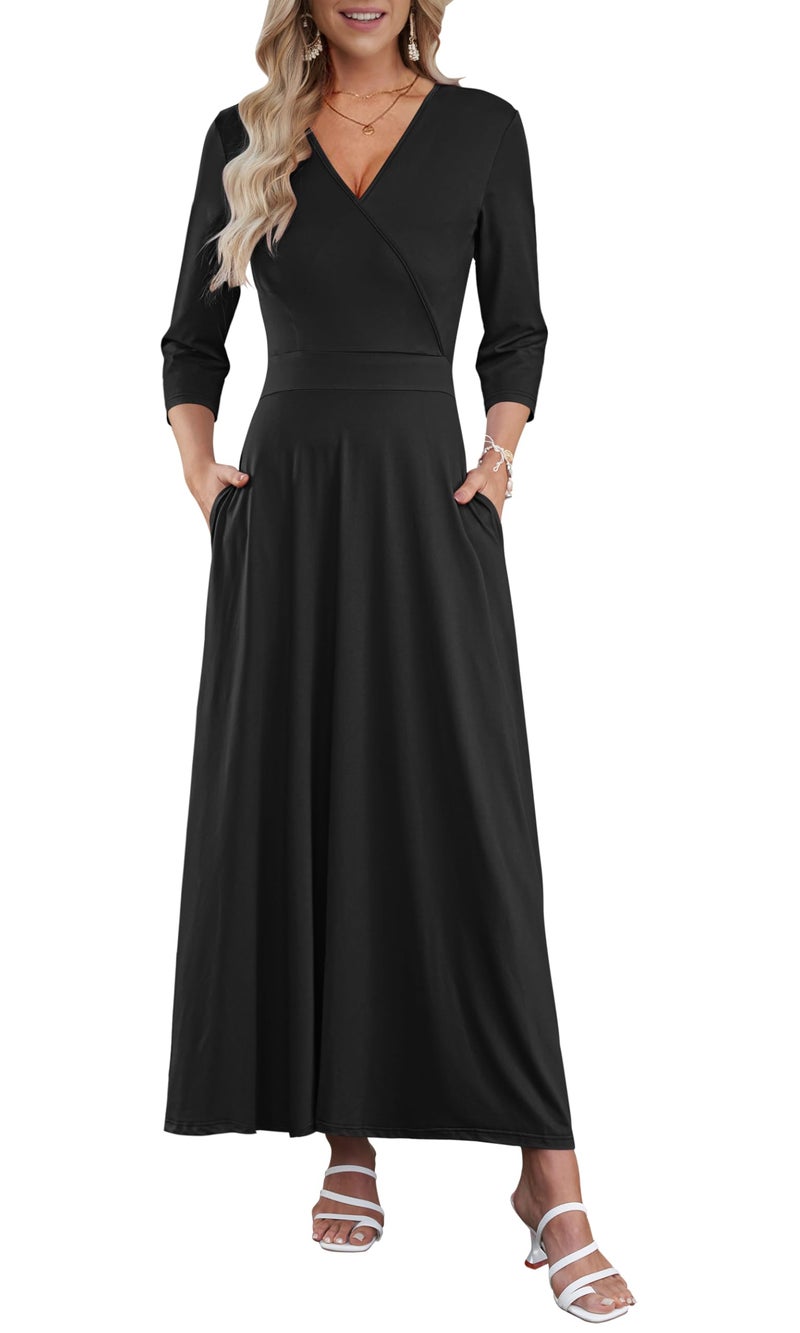 AUSELILY Maxi Dresses for Women 3/4 Sleeve V Neck Wrap Casual Loose Floral Long Dresses with Pockets All-Season Black - Image 1