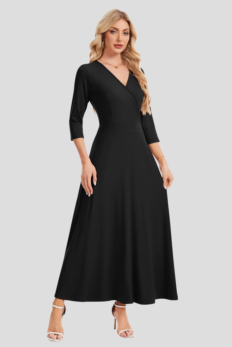 AUSELILY Maxi Dresses for Women 3/4 Sleeve V Neck Wrap Casual Loose Floral Long Dresses with Pockets All-Season Black - Image 2