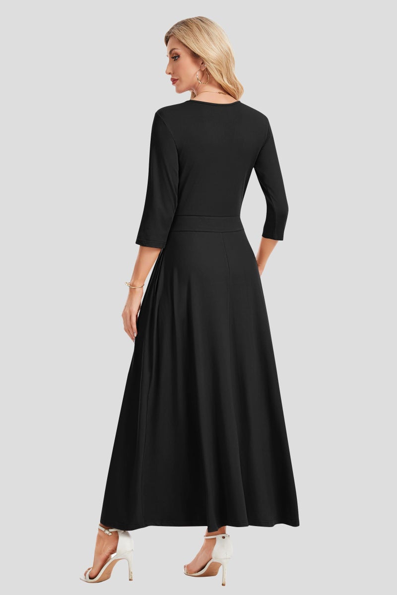 AUSELILY Maxi Dresses for Women 3/4 Sleeve V Neck Wrap Casual Loose Floral Long Dresses with Pockets All-Season Black - Image 5