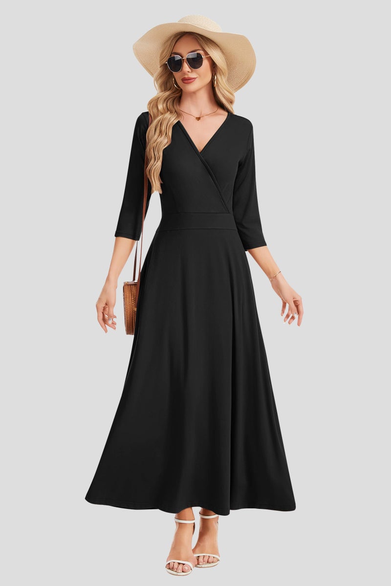 AUSELILY Maxi Dresses for Women 3/4 Sleeve V Neck Wrap Casual Loose Floral Long Dresses with Pockets All-Season Black - Image 3