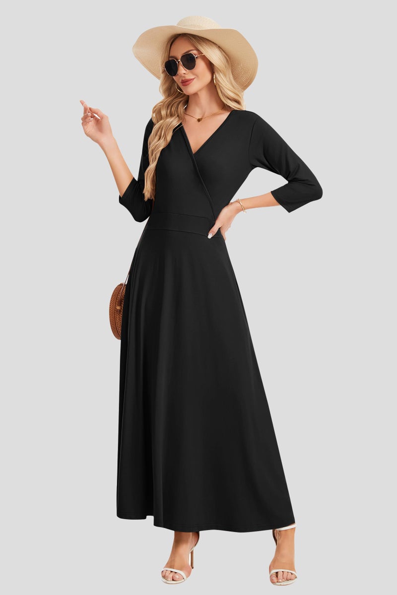 AUSELILY Maxi Dresses for Women 3/4 Sleeve V Neck Wrap Casual Loose Floral Long Dresses with Pockets All-Season Black - Image 4