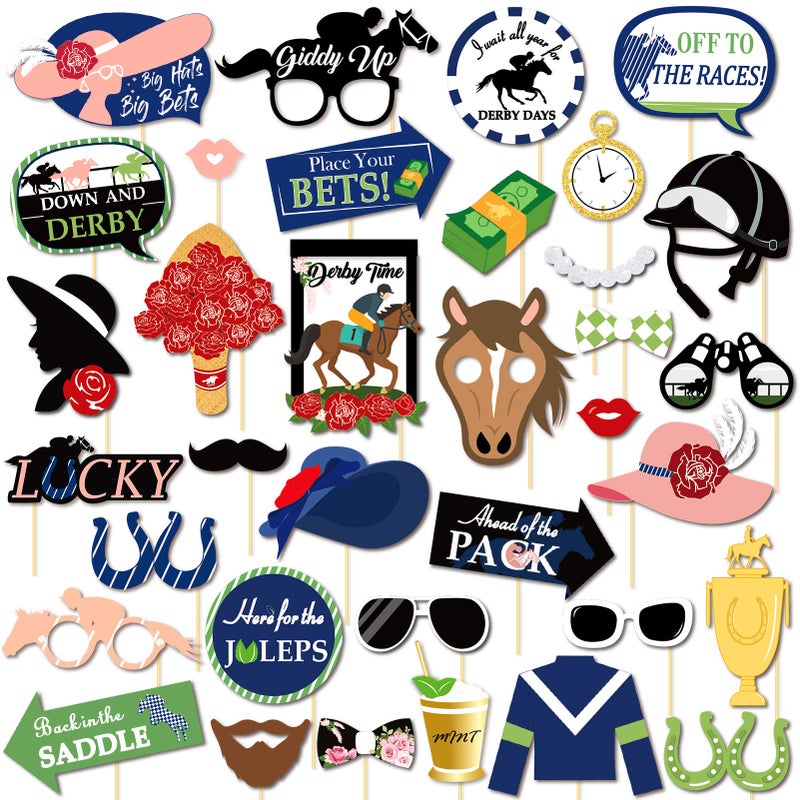 Qpout 9Pack Photo Booth Prop Kit for Horse Race Party Decoration with Grand National Racers and Photography Backdrops
