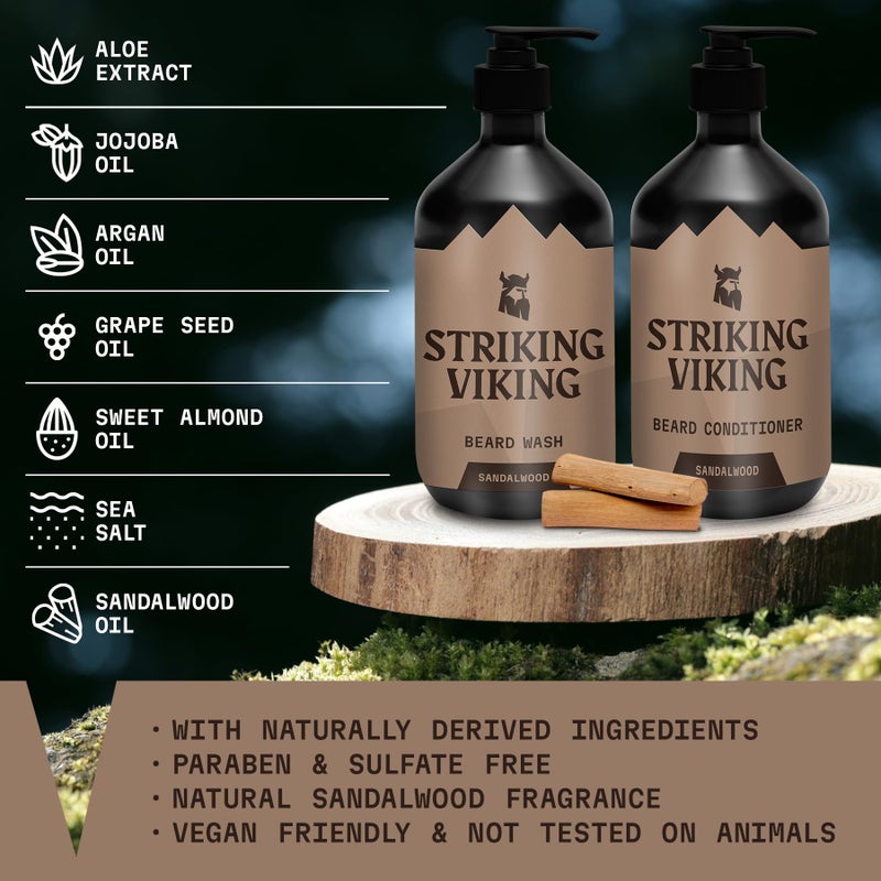 Striking Viking Beard Care Set (Sandalwood) - Paraben & Sulfate Free Shampoo with Jojoba Oil - Deep Clean for All Beard Types (10oz Per Bottle) - Image 2