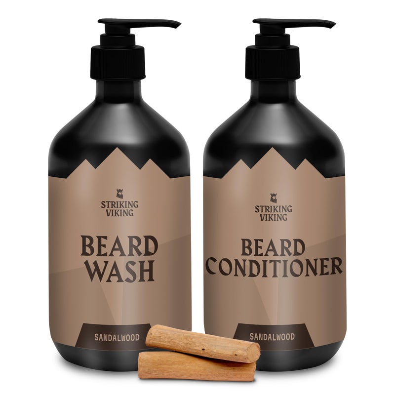 Striking Viking Beard Care Set (Sandalwood) - Paraben & Sulfate Free Shampoo with Jojoba Oil - Deep Clean for All Beard Types (10oz Per Bottle) - Image 1