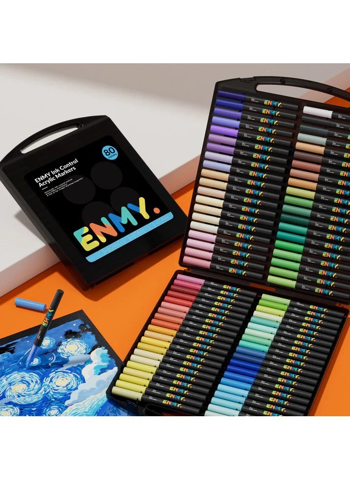 العدو ماركرز أكريليك سائل مباشر من ENMY - 80 لوناً زاهياً | أقلام رسم احترافية للقماش، الخشب، الزجاج، الصخور، السيراميك | تشمل درجات ألوان البشرة | حبر مائي غير سام | تدفق حبر طويل الأمد | مثالي للفنانين، الحرف اليدوية وديكور المنزل - Image 1
