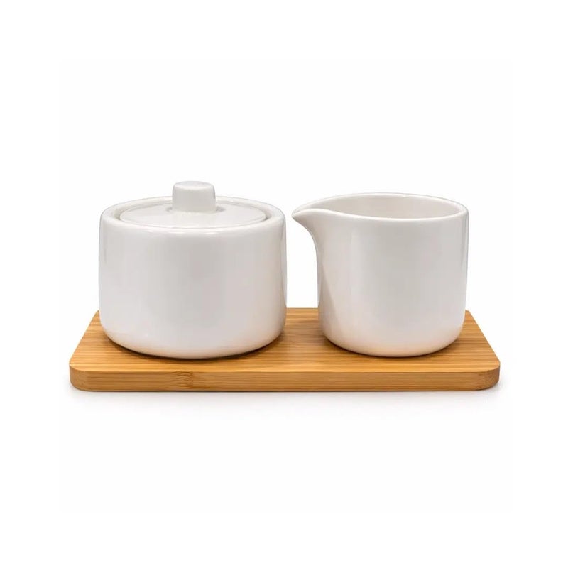 Porcelain Milk & Sugar Set – 150ml Creamer Jug with Sugar Bowl & Lid – Ceramic Serving Set with Wooden Tray