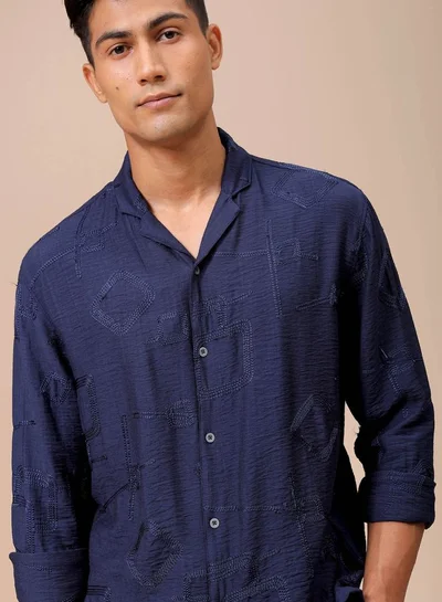 The Indian Garage Co Men Relaxed Fit Placement Embroidered Full Sleeves Cuban Collar Resort Wear Shirt