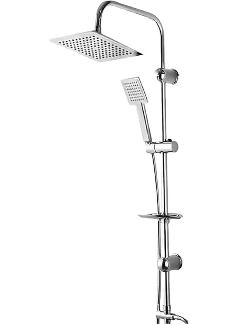 The integrated shower system with a chrome finish offers a practical solution for outfitting bathrooms with a cohesive appearance and comfortable functionality. Its geometric design with square lines combines modern style with practicality, making it suitable for various bathroom styles.  The system features a wide overhead shower head that provides balanced water distribution, along with a separate handheld shower that makes daily use and cleaning easier. The chrome finish gives the set an elegant look, with ease of maintenance and cleaning over time.  The components of the set are made from materials suitable for the humid bathroom environment and are well-compatible with standard plumbing systems, making installation simpler without the need for complex modifications. This system is an ideal choice for anyone looking to update their bathroom with a practical solution that combines design and everyday use - Image 1
