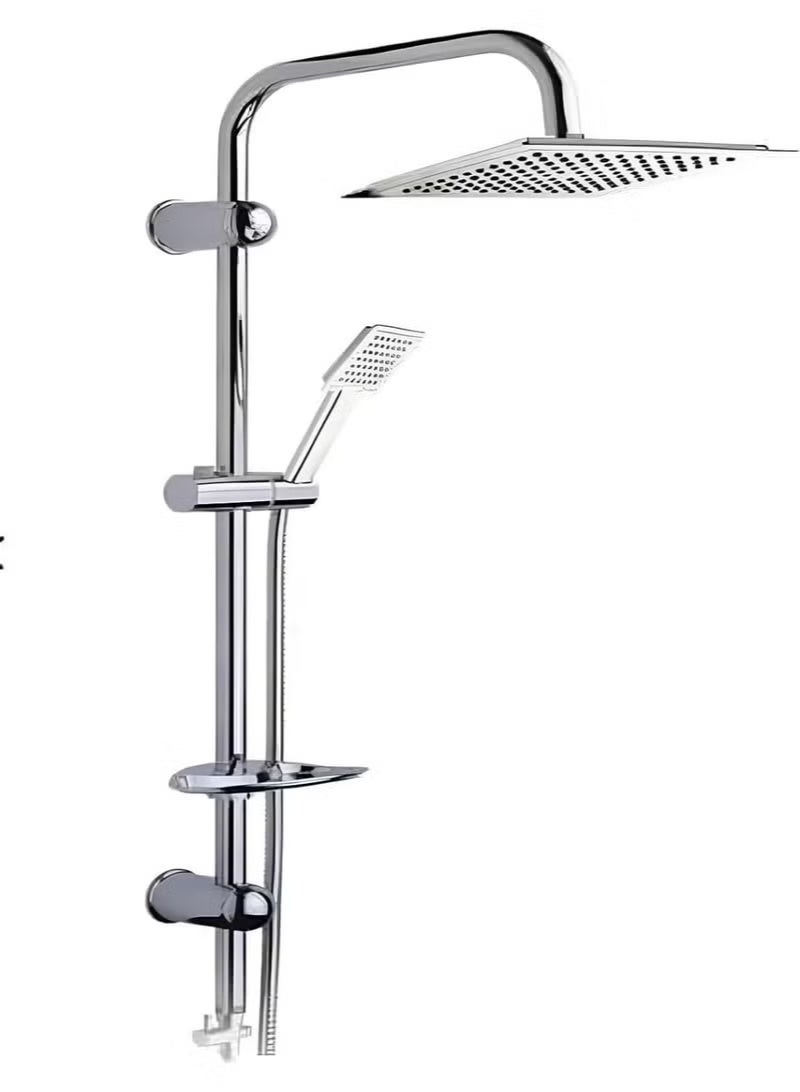 The integrated shower system with a chrome finish offers a practical solution for outfitting bathrooms with a cohesive appearance and comfortable functionality. Its geometric design with square lines combines modern style with practicality, making it suitable for various bathroom styles.  The system features a wide overhead shower head that provides balanced water distribution, along with a separate handheld shower that makes daily use and cleaning easier. The chrome finish gives the set an elegant look, with ease of maintenance and cleaning over time.  The components of the set are made from materials suitable for the humid bathroom environment and are well-compatible with standard plumbing systems, making installation simpler without the need for complex modifications. This system is an ideal choice for anyone looking to update their bathroom with a practical solution that combines design and everyday use - Image 2