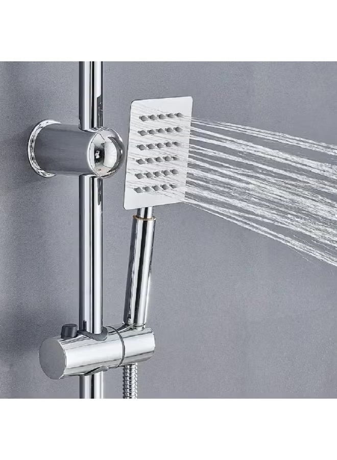 The integrated shower system with a chrome finish offers a practical solution for outfitting bathrooms with a cohesive appearance and comfortable functionality. Its geometric design with square lines combines modern style with practicality, making it suitable for various bathroom styles.  The system features a wide overhead shower head that provides balanced water distribution, along with a separate handheld shower that makes daily use and cleaning easier. The chrome finish gives the set an elegant look, with ease of maintenance and cleaning over time.  The components of the set are made from materials suitable for the humid bathroom environment and are well-compatible with standard plumbing systems, making installation simpler without the need for complex modifications. This system is an ideal choice for anyone looking to update their bathroom with a practical solution that combines design and everyday use - Image 3