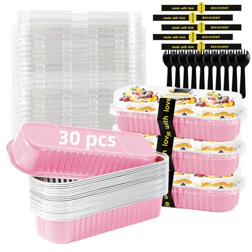 Orlashop Mini Loaf Pans with Lids and Spoons Sealing Sticker68oz Cake Pans for Baking Disposable Aluminum Foil PinkRed cake pan 30 Pink - Image 1