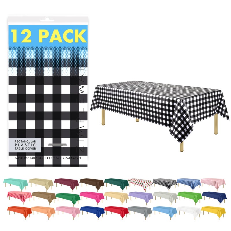 ZIMPLEWARE Premium Black Gingham Checkered Plastic Table Cloth Disposable (12 Pk) Plastic Tablecloths for Rectangle Tables (54in x 108in) Party Table Cloths Disposable for 6ft to 8ft Rectangle Tables - Image 1