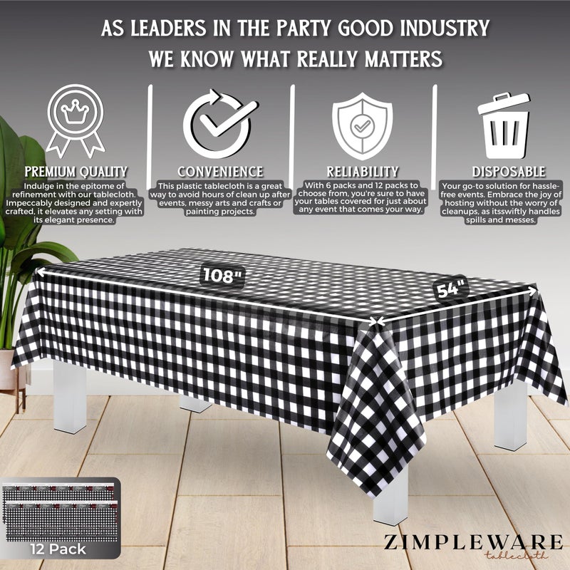ZIMPLEWARE Premium Black Gingham Checkered Plastic Table Cloth Disposable (12 Pk) Plastic Tablecloths for Rectangle Tables (54in x 108in) Party Table Cloths Disposable for 6ft to 8ft Rectangle Tables - Image 3