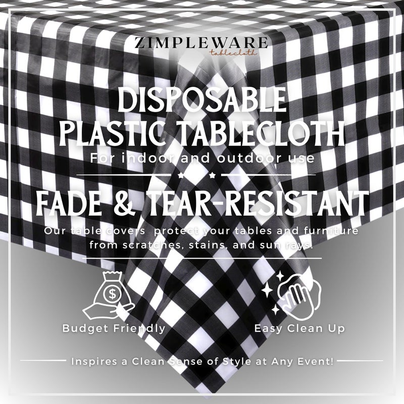 ZIMPLEWARE Premium Black Gingham Checkered Plastic Table Cloth Disposable (12 Pk) Plastic Tablecloths for Rectangle Tables (54in x 108in) Party Table Cloths Disposable for 6ft to 8ft Rectangle Tables - Image 2