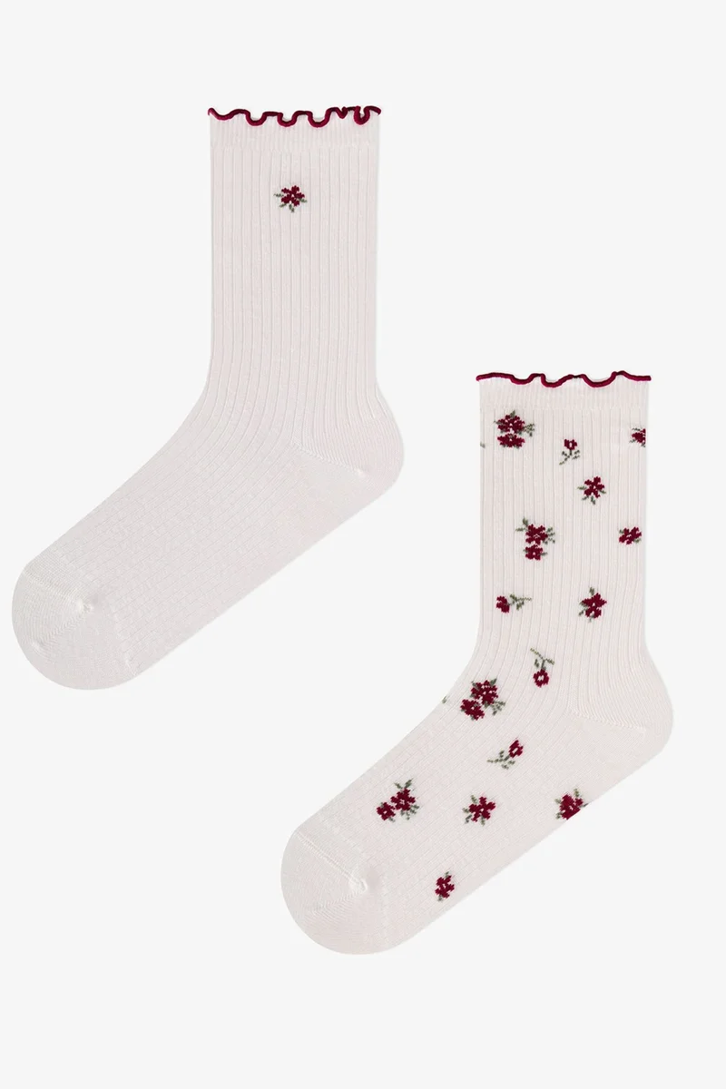 Penti PENTI Ruffled Floral Crisp Flower Pattern Cotton Pair Crew Socks