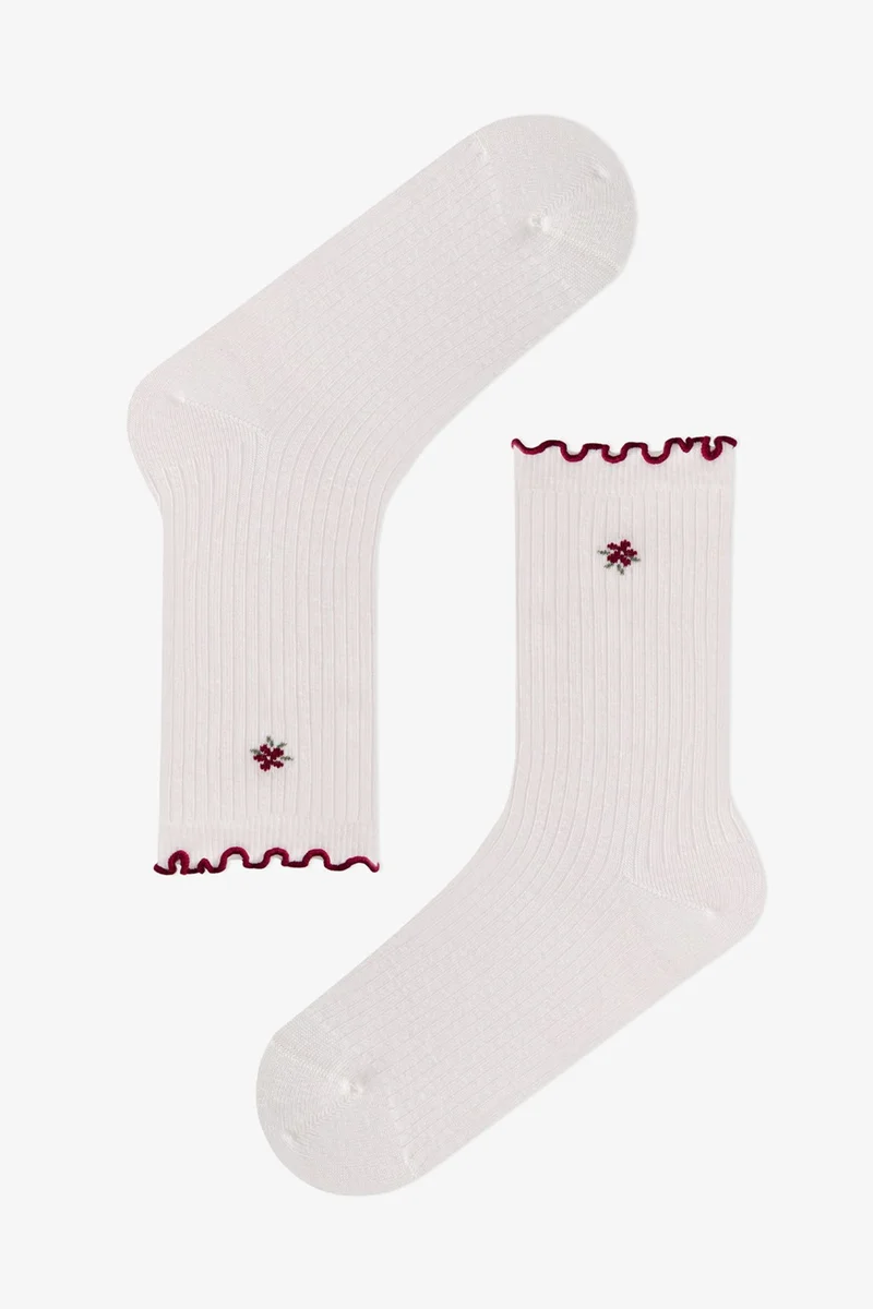 Penti PENTI Ruffled Floral Crisp Flower Pattern Cotton Pair Crew Socks