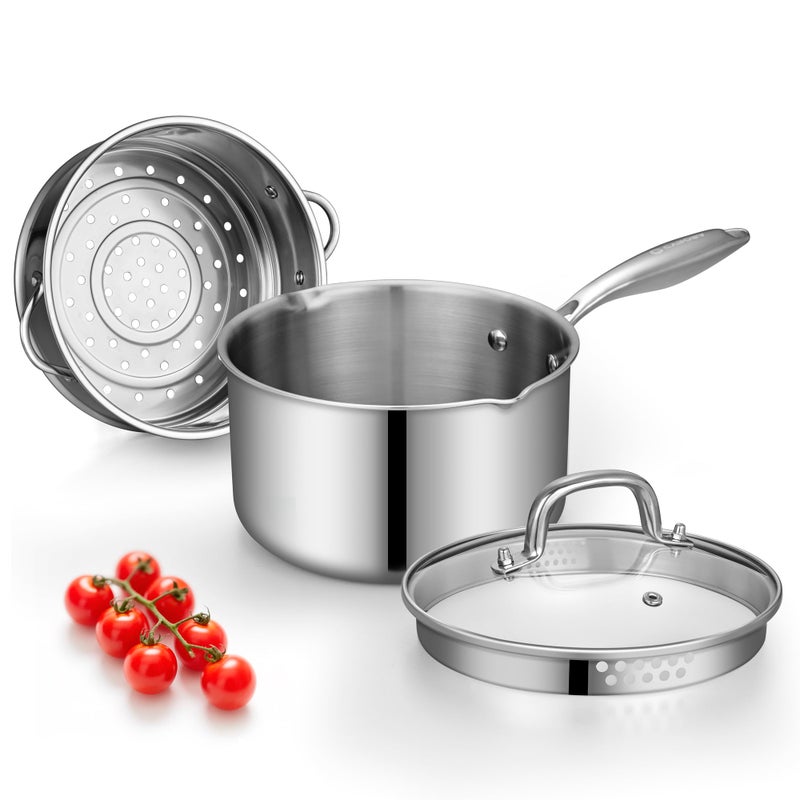 Cyrosa Tri-Ply Stainless Steel Sauce Pan with Steamer Basket & Straining Glass Lid â€” Heavy-Duty,Thick Base,Rust-Resistant,Warp-Free â€”100% Food-Grade â€”Built to Lastâ€“ Works with All Stovetops, Pasta Pot 3.5 QT - Image 1