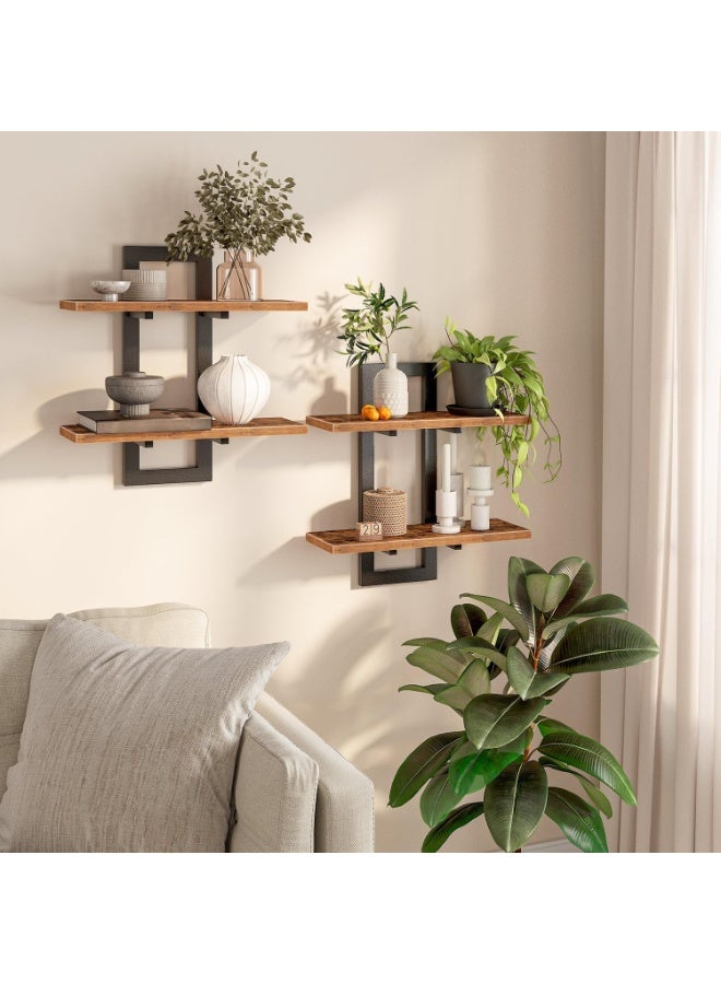 2 Pack Floating Wall Shelves,15 Inch 2-Tier Storage Shelf, Hanging Bathroom Shelves, for Living Room, Bedroom, Bathroom, Kitchen, Rustic Brown and Black - Image 1