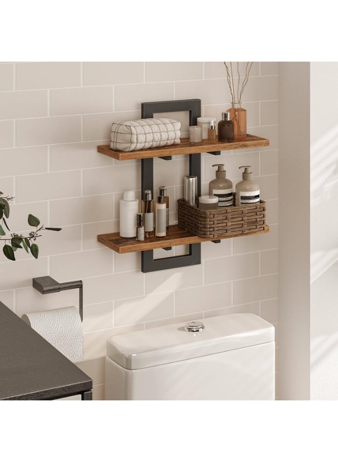 2 Pack Floating Wall Shelves,15 Inch 2-Tier Storage Shelf, Hanging Bathroom Shelves, for Living Room, Bedroom, Bathroom, Kitchen, Rustic Brown and Black - Image 3