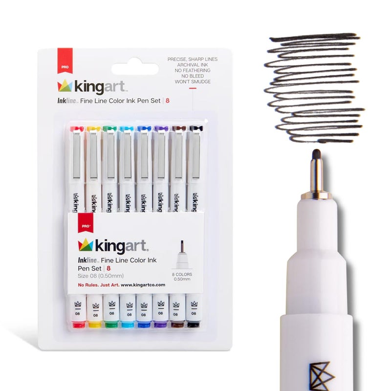 KINGART PRO Inkline Color Micro Line Precision Graphic Pen 8 COLORS Size 08 60mm Nibs Archival Waterproof Japanese Ink for Art Illustration Lettering Anime Technical Drawing Manga
