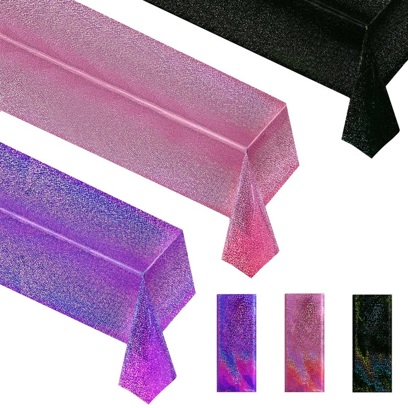 Just Shimmer Pink & Purple & Black Holographic Tablecloth 40" x 108" Hot Pink Party Decoration Valentine's Day Birthday Party Table Decor Iridescence Plastic Table Cloth for Halloween Baby Shower Party Supplies - Image 1