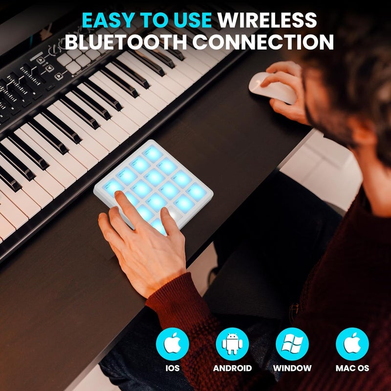 M ويف وسائد تحكم M-VAVE اللاسلكية MIDI، مقاس 4.1 * 4.1 بوصة، وزن 0.28 رطل، بلوتوث محمول USB مع 16 طبلة، تكرار النوتة، أزرار مستوى كامل، بطارية قابلة لإعادة الشحن (جيب أبيض) - Image 4