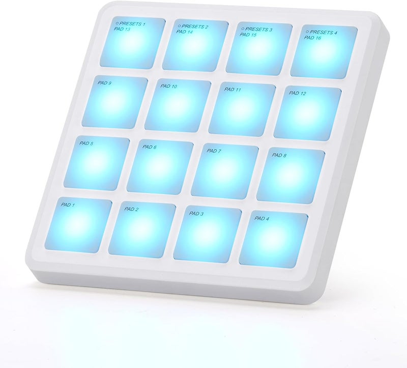 M ويف وسائد تحكم M-VAVE اللاسلكية MIDI، مقاس 4.1 * 4.1 بوصة، وزن 0.28 رطل، بلوتوث محمول USB مع 16 طبلة، تكرار النوتة، أزرار مستوى كامل، بطارية قابلة لإعادة الشحن (جيب أبيض) - Image 1