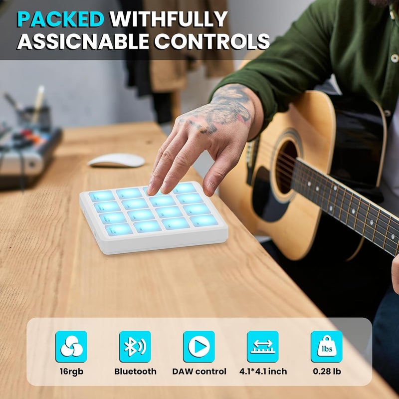 M ويف وسائد تحكم M-VAVE اللاسلكية MIDI، مقاس 4.1 * 4.1 بوصة، وزن 0.28 رطل، بلوتوث محمول USB مع 16 طبلة، تكرار النوتة، أزرار مستوى كامل، بطارية قابلة لإعادة الشحن (جيب أبيض) - Image 3