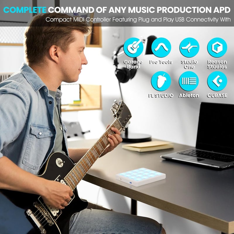 M ويف وسائد تحكم M-VAVE اللاسلكية MIDI، مقاس 4.1 * 4.1 بوصة، وزن 0.28 رطل، بلوتوث محمول USB مع 16 طبلة، تكرار النوتة، أزرار مستوى كامل، بطارية قابلة لإعادة الشحن (جيب أبيض) - Image 2