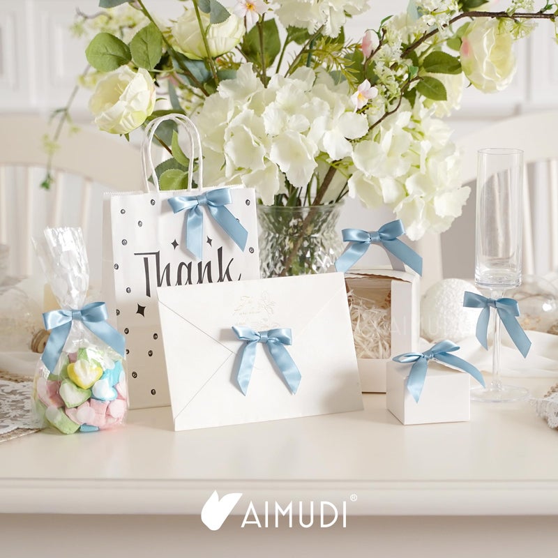 AIMUDI Dusty Blue Bows for Gift Wrapping Premade Satin Bows for Wedding Decor Pre Tied Twist Tie Bows Small Bows for Crafts Treat Bags Cake Pop Party Favors - 50 Counts - Image 3