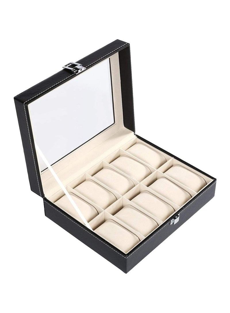 Rylan Watch Box Organizer PU Leather 10 Slots Wrist Watch Display Box Storage Holder Organizer Watch Case Jewelry Dispay Watch Box (Black, 20 x 25 x 8 cm) (10 Slots) - Image 1