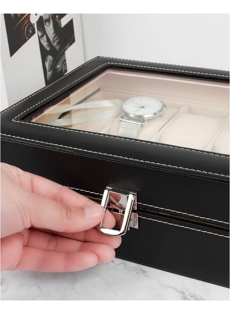 Rylan Watch Box Organizer PU Leather 10 Slots Wrist Watch Display Box Storage Holder Organizer Watch Case Jewelry Dispay Watch Box (Black, 20 x 25 x 8 cm) (10 Slots) - Image 4