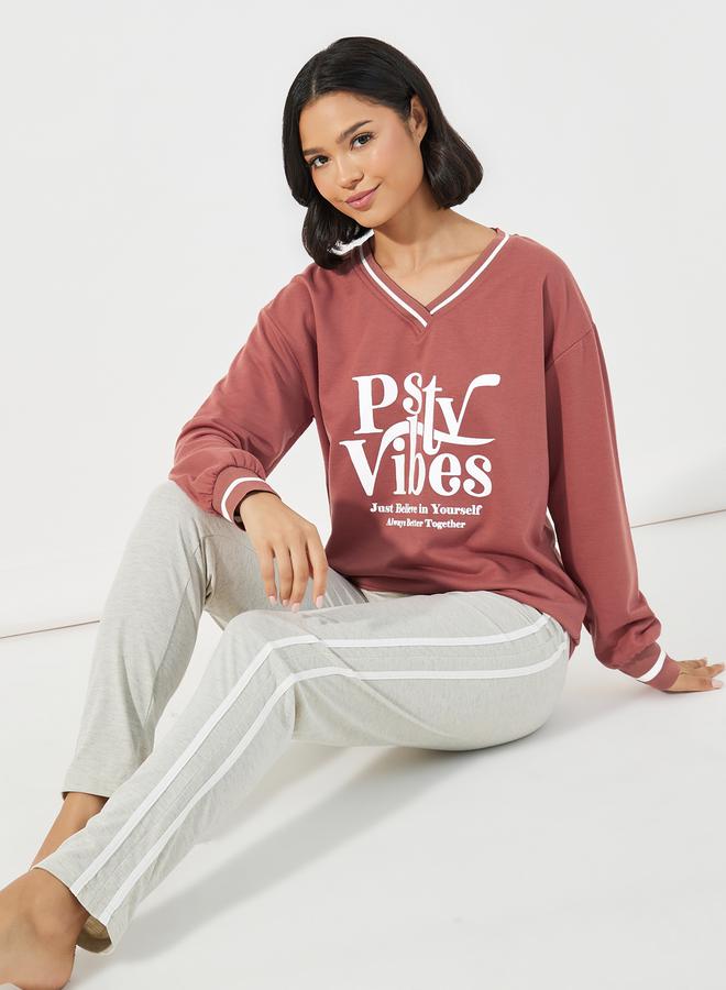 Styli Graphic Print Stripe Trim Longline Sweatshirt & Side Stripe Leggings Set  - Image 1