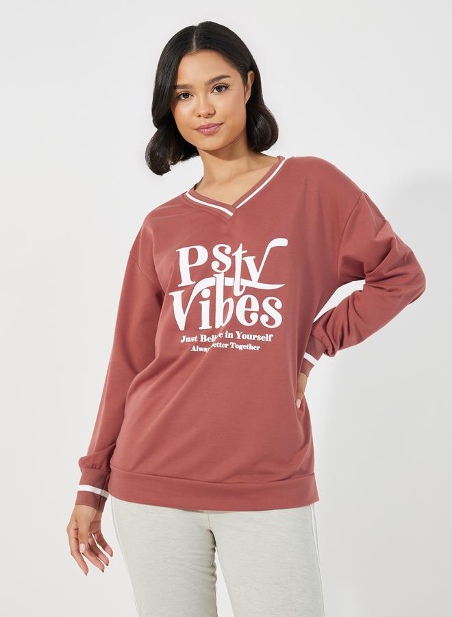 Styli Graphic Print Stripe Trim Longline Sweatshirt & Side Stripe Leggings Set  - Image 3