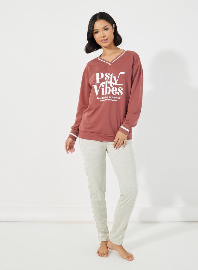 Styli Graphic Print Stripe Trim Longline Sweatshirt & Side Stripe Leggings Set  - Image 2