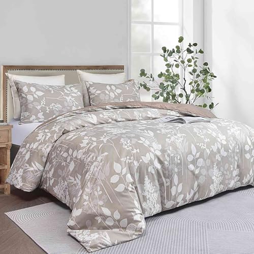 Faincy Queen Size Comforter Set, Tan Floral Tree Leaf Pattern Printed Reversible Alternative Bed Sets - Soft Microfiber Taupe Flower Vintage Farmhouse Bedding in a Bag for Women Men, Khaki 90x90 3PCs - Image 3