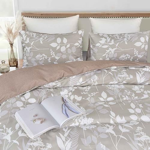 Faincy Queen Size Comforter Set, Tan Floral Tree Leaf Pattern Printed Reversible Alternative Bed Sets - Soft Microfiber Taupe Flower Vintage Farmhouse Bedding in a Bag for Women Men, Khaki 90x90 3PCs - Image 4