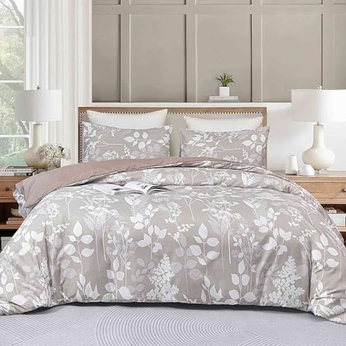 Faincy Queen Size Comforter Set, Tan Floral Tree Leaf Pattern Printed Reversible Alternative Bed Sets - Soft Microfiber Taupe Flower Vintage Farmhouse Bedding in a Bag for Women Men, Khaki 90x90 3PCs - Image 2