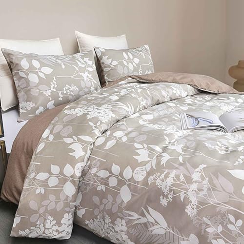 Faincy Queen Size Comforter Set, Tan Floral Tree Leaf Pattern Printed Reversible Alternative Bed Sets - Soft Microfiber Taupe Flower Vintage Farmhouse Bedding in a Bag for Women Men, Khaki 90x90 3PCs - Image 1