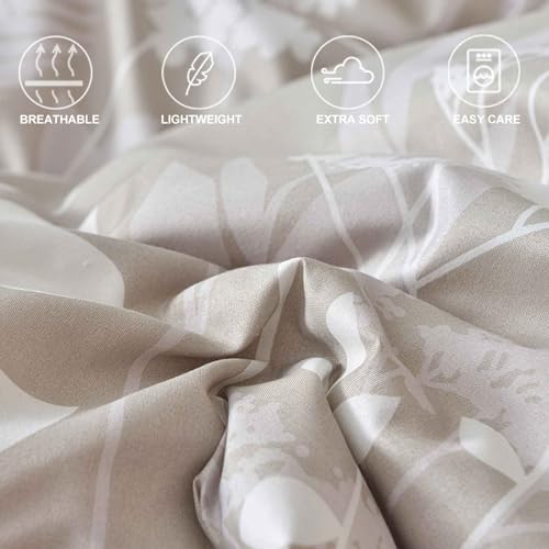 Faincy Queen Size Comforter Set, Tan Floral Tree Leaf Pattern Printed Reversible Alternative Bed Sets - Soft Microfiber Taupe Flower Vintage Farmhouse Bedding in a Bag for Women Men, Khaki 90x90 3PCs - Image 5