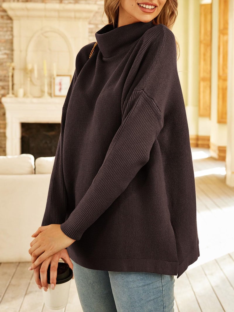 LILLUSORY Women's Mock Turtleneck Sweaters Oversized Long Sleeve Casual Knit Pullover 2026 Tunic Tops Wear with Leggings Coffee M - Image 3