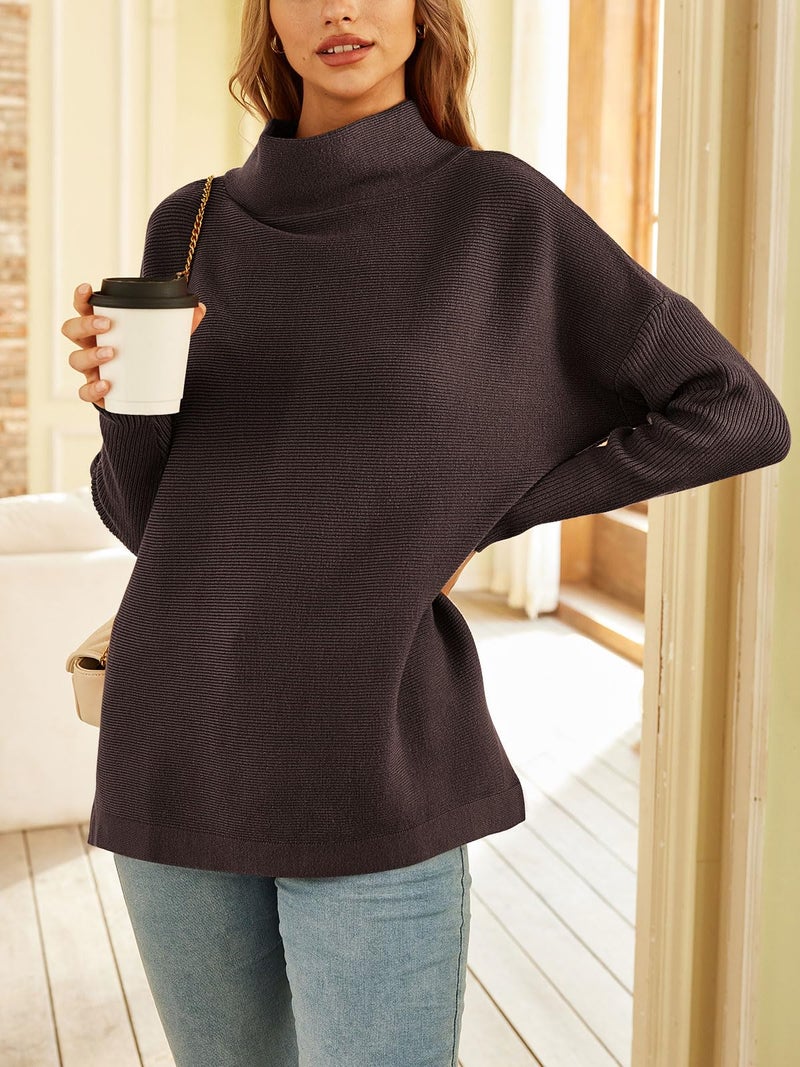 LILLUSORY Women's Mock Turtleneck Sweaters Oversized Long Sleeve Casual Knit Pullover 2026 Tunic Tops Wear with Leggings Coffee M - Image 2