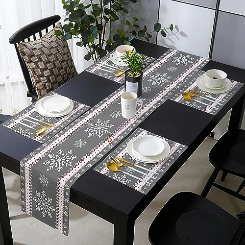 DARSHANAM WORLD Polyester Designer Table Runner, Place Mat Kitchen Dining Table Mats, Washable & Centre Table Place Mat, Runner for Dining Table Food Mats (Grey Star Runner 72 with 6 Place mat) - Image 1