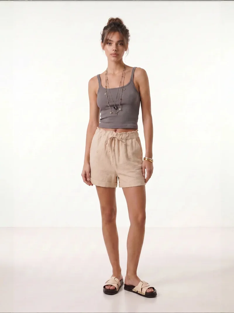 هابينس اسطنبول ISTANBUL High Waist Drawstring Mini Shorts with Binding Detail