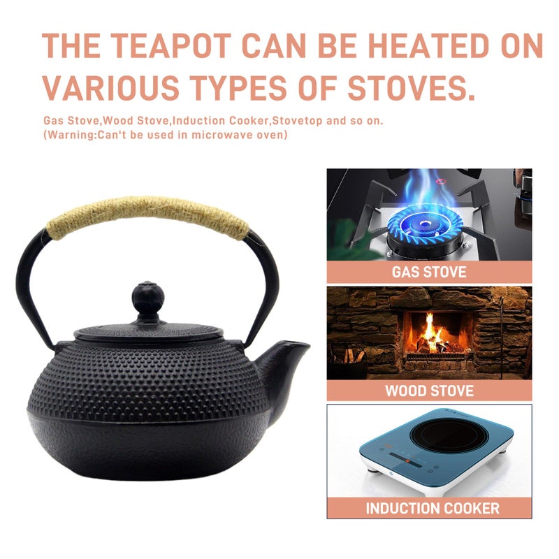 SECHUDO Japanese Tetsubin Cast Iron Teapot Tea Kettle pot with Stainless Steel Infuser for Stovetop Safe Coated with Enameled Interior (Black, 27.1oz) - Image 2