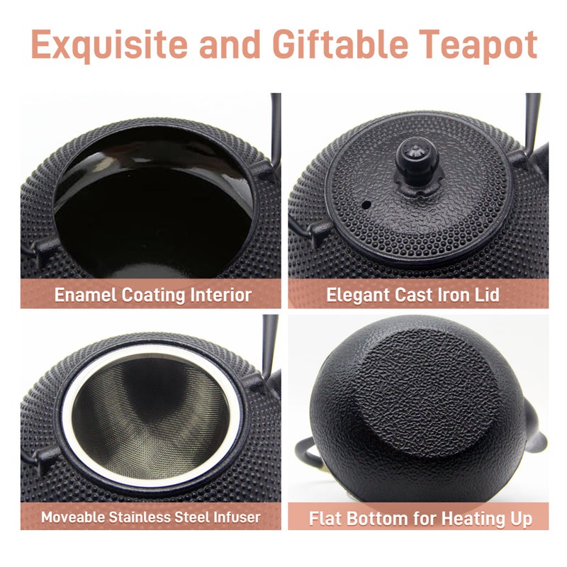 SECHUDO Japanese Tetsubin Cast Iron Teapot Tea Kettle pot with Stainless Steel Infuser for Stovetop Safe Coated with Enameled Interior (Black, 27.1oz) - Image 4