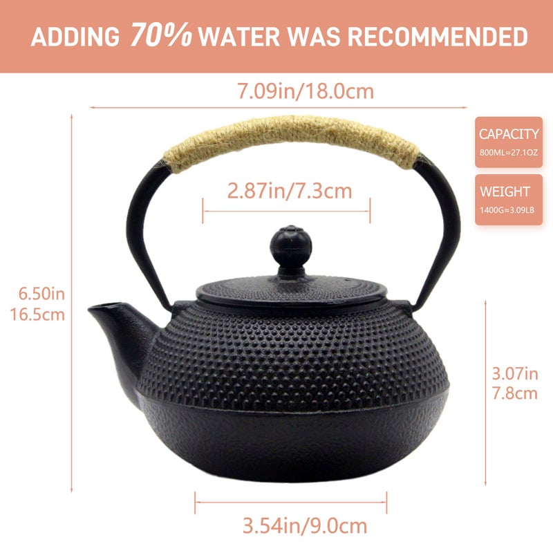 SECHUDO Japanese Tetsubin Cast Iron Teapot Tea Kettle pot with Stainless Steel Infuser for Stovetop Safe Coated with Enameled Interior (Black, 27.1oz) - Image 5
